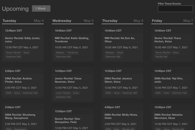 website, live schedule of upcomign events.